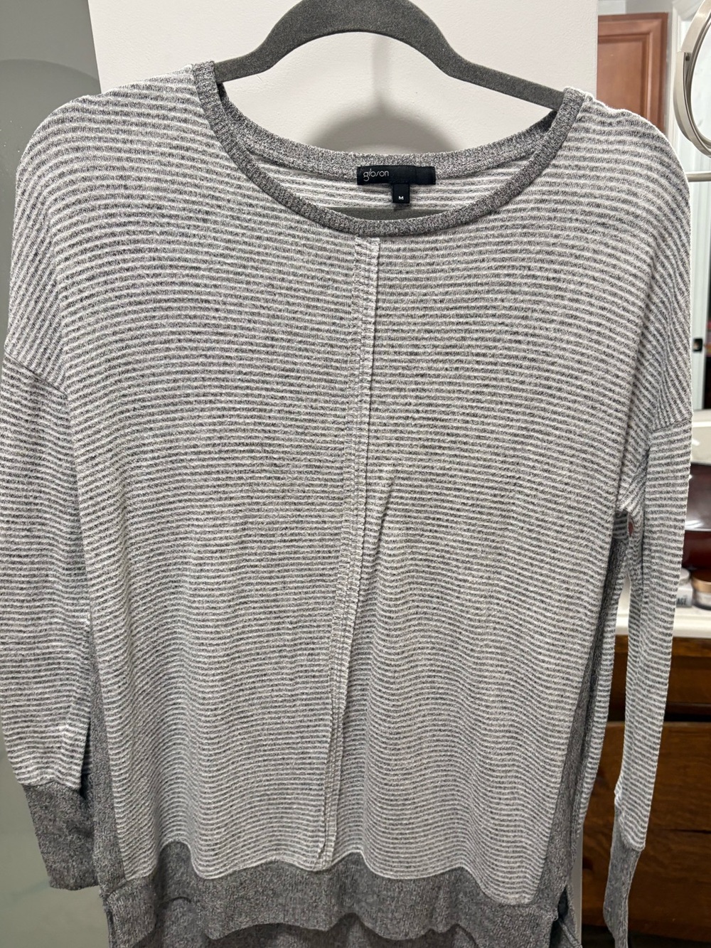 Gibson Gray & White Striped Crewneck Sweater